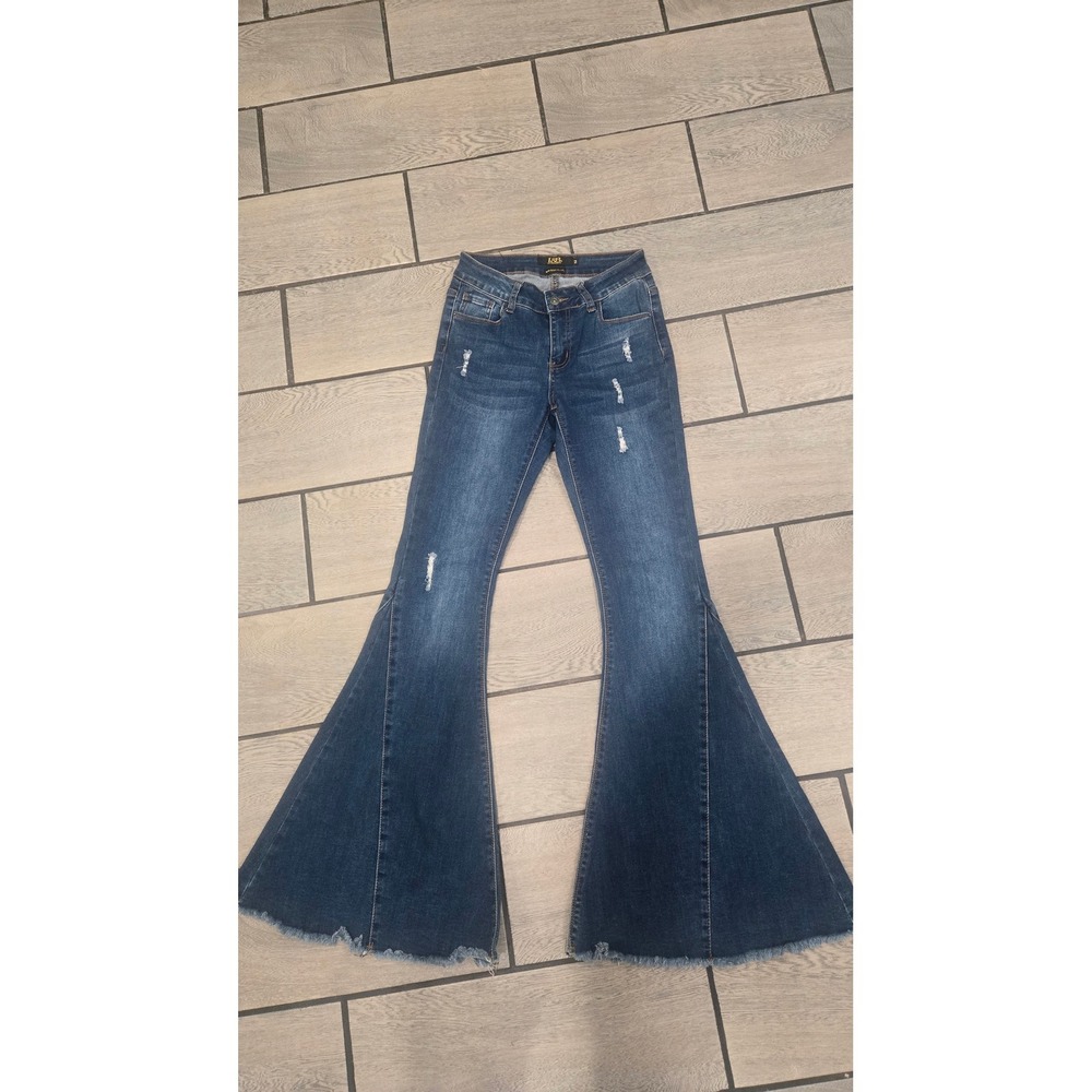 Lucky & Blessed High Rise Flare Jeans Distressed Raw Hem Blue Denim Size 2